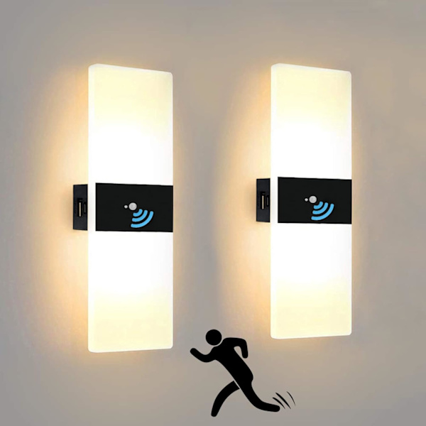 2 stk. vegglampe innendørs 10W LED vegglampe med bevegelsessensor