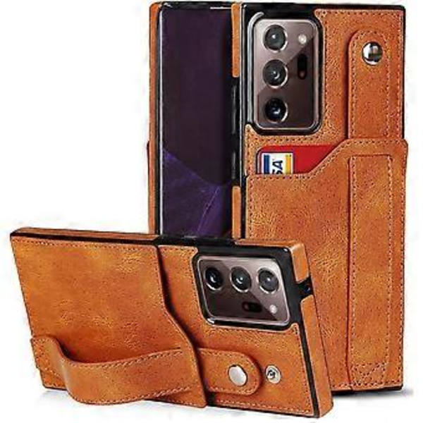 Suunniteltu Samsung Galaxy Note 20 Ultra/Note20 Plus 5G -lompakkokotelolle säädettävällä rannehihnalla, jalustalla, PU-nahalla, luottokorttipidikkeellä, iskunkestävällä Hy Brown