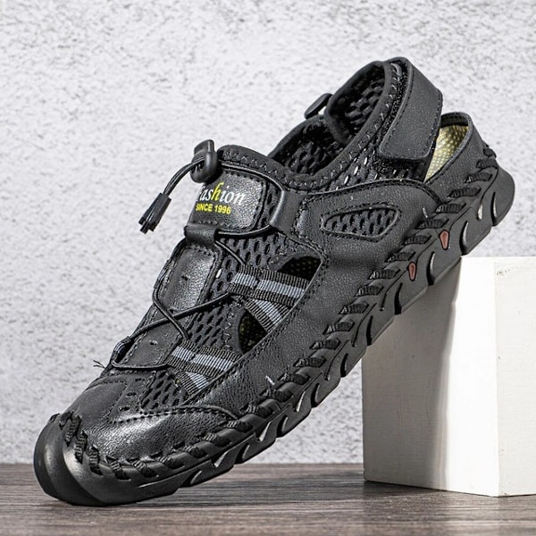 Sommarsandaler för män, Mode Lädersandaler, Handsydda Utomhus Strand Sandaler i Nötskinn, 40, Svart Black 40