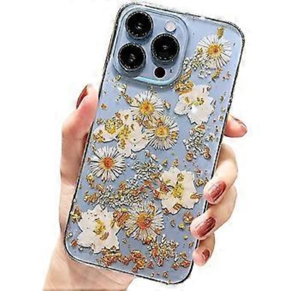 iPhone 12 Pro Max -kotelo kukkakuvioilla, söpö kirkas glitter puristettu aito kukka päivänkakkara design pehmeä ohut suojaava kukka kotelo naisille tytöille (kultainen päivänkakkara)