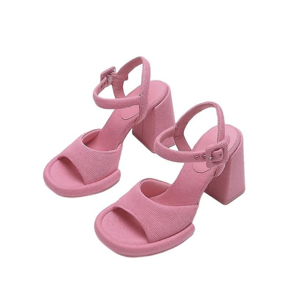 Barbie-rosa ankelstropp med tykk hæl for kvinner Høye hæler Fiskemunn-sandaler..