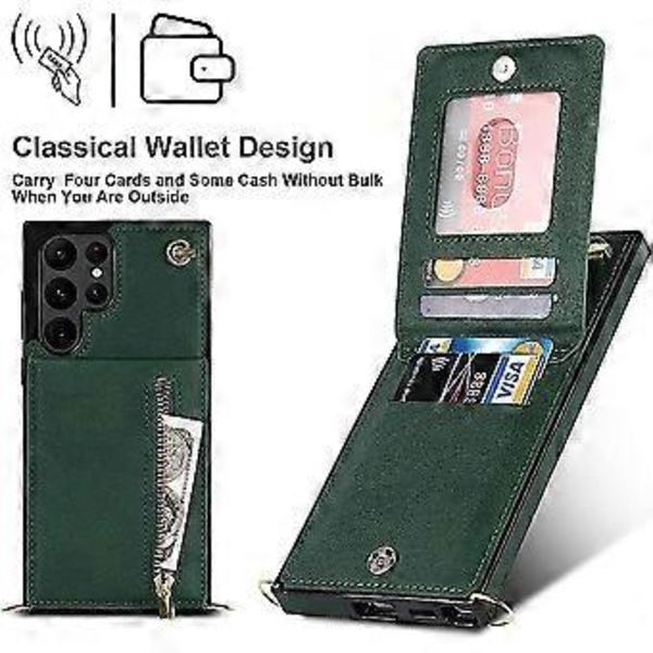 Plånboksfodral i Läder för Samsung Galaxy S21 Ultra 5G Crossbody med Rem Korthållare 6.8'' Ställbart Flipfodral (grön)