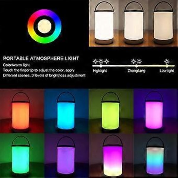 Bærbar Bordlampe, Oppladbar Berøringssensor Sengelampe med RGB Fargeskiftende Modus & Dimbar Varmhvit Lys & Minnefunksjon Nattlys for