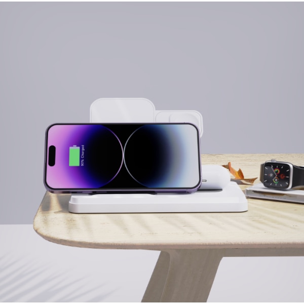 Hvid induktionsoplader 3-i-1, 15W trådløs oplader med foldbar