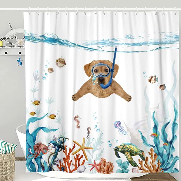 Rolig Hund Duschdraperi Set Orange, 72''×72'' Teal Blå Hav Oce