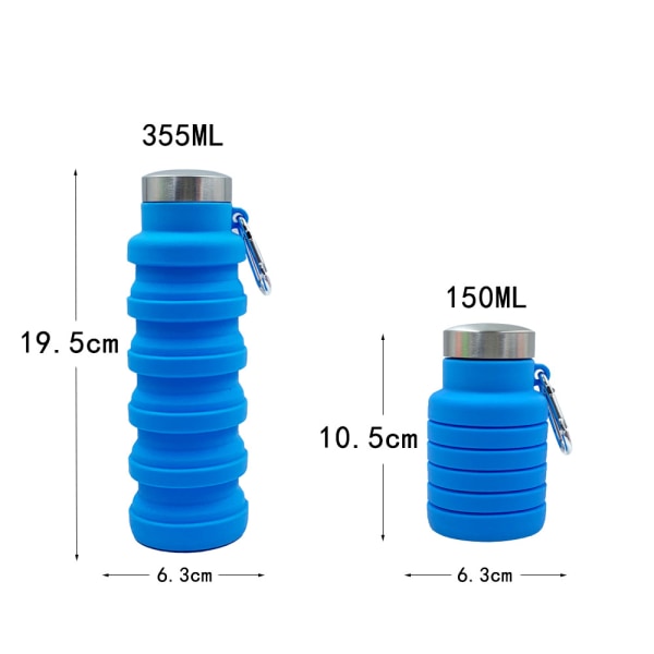 355 ml blå, återanvändbar silikon hopfällbar vattenflaska, fri från bisph