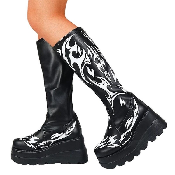 Printed Fire Shadow Boots Platform Boots Wedge Shoes.37.