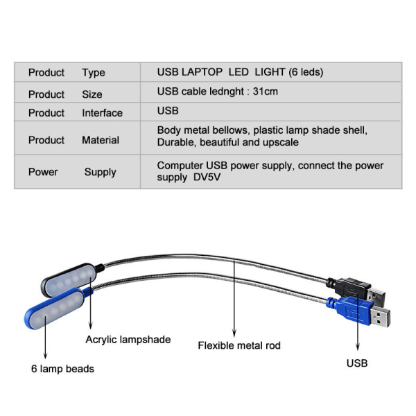 2 kpl LED-lamppua USB-liitäntään, kannettavan tietokoneen näppäimistön joutsenkaulavalaisin