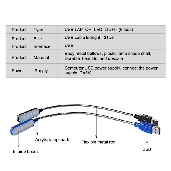 2 stk LED-lampe USB USB-lys for bærbar datamaskin tastatur svanehals
