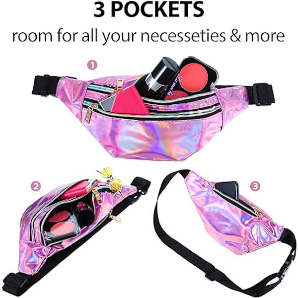 2 stycken holografiska midjeväska i metallisk färg Sport Waistbag för