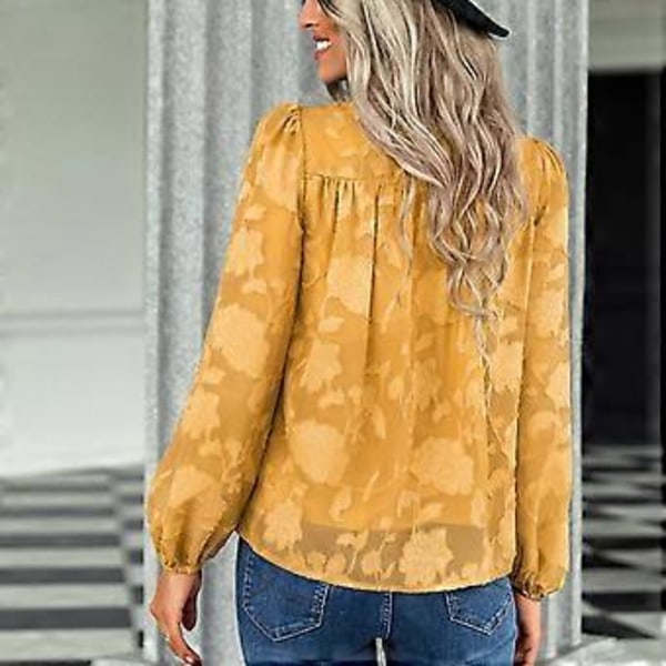 Dame Topp Høst Rund Hals Løs Myk Komfortabel Pustende Kvinne Chiffon Skjorte Gul L