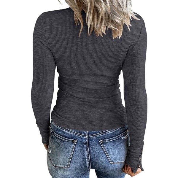 Women's Long Sleeve Henley T-Shirt Button Down Slim Top Scoop Nec