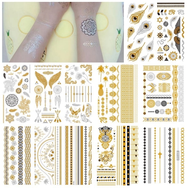 12 Sheets Metallic Temporary Tattoos For Women Teens Girls - Gold