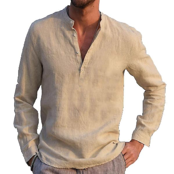 Herre Kravefri Langærmet T-shirt Bedstefar Skjorte Knap Pullover Toppe..