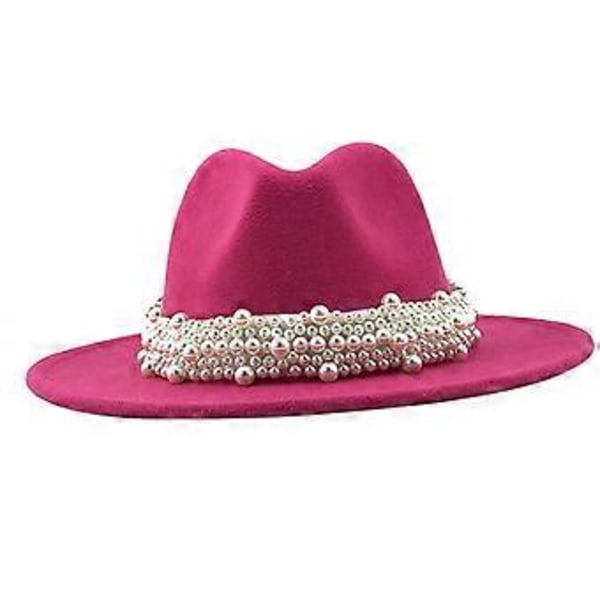 Cashmere Fedora-hatte med bred skygge til kvinder og mænd, elegante hatte ensfarvet Panama-hat med perlebesat dekorativ skygge (Rosarød)