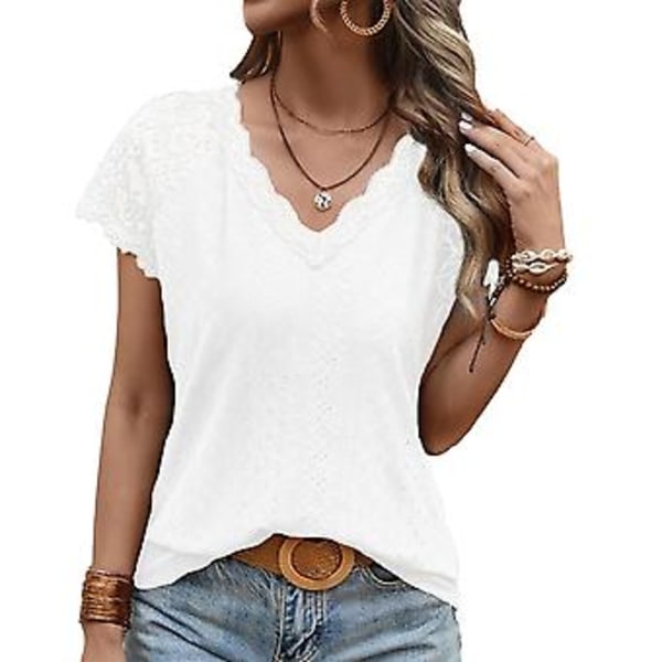 Kortärmad blus för damer, V-ringning, spetskant, enfärgad, moderiktig, andningsbar för sommaren (XLVit) White XL