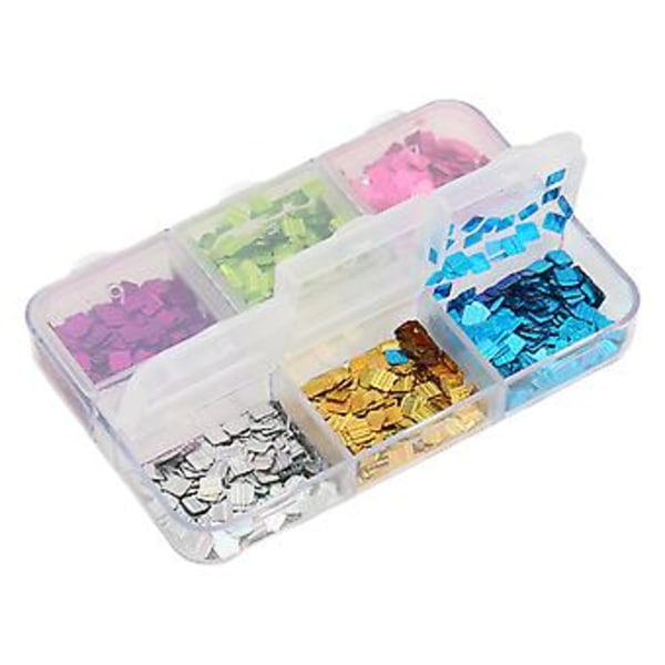 Firkantede Negle Pailletter 6 Gitre Blandet Laser Farverig Firkantet Neglekunst Glitter til DIY Neglekunst Dekoration