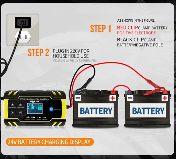 Bilbatteriladdare, 12V 8A, 24V 4A, Automatisk