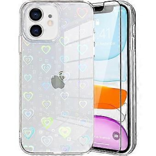 Kompatibel med iPhone 12 mini 5,4 tommer etui + skærmbeskytter, farverigt gradient laser kærlighedshjerte klart telefonetui stødsikkert beskyttende slankt bumper