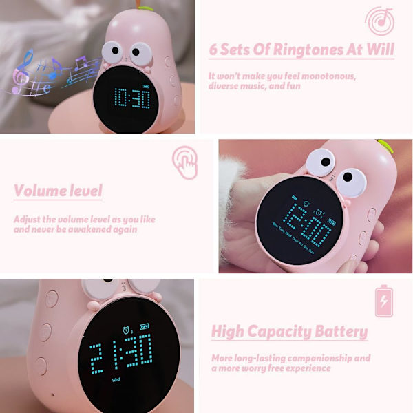 (Rosa) Barnväckarklocka, USB LED Barn Digital Sängklocka