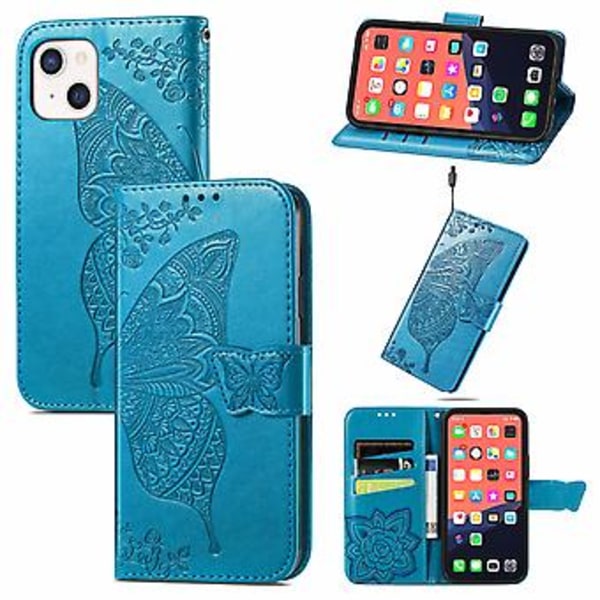 Fjäril Kärlek Blomma Läderfodral För iPhone 13 mini Blue