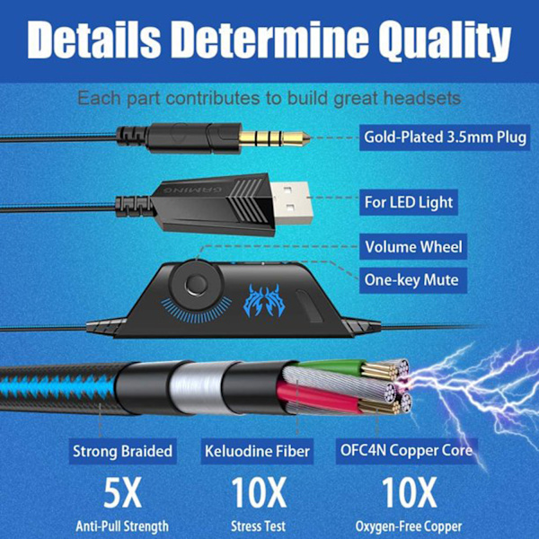Headset, Kablet PC Gaming Headset med LED-lys til PS5, Gaming Headset - Sort Black