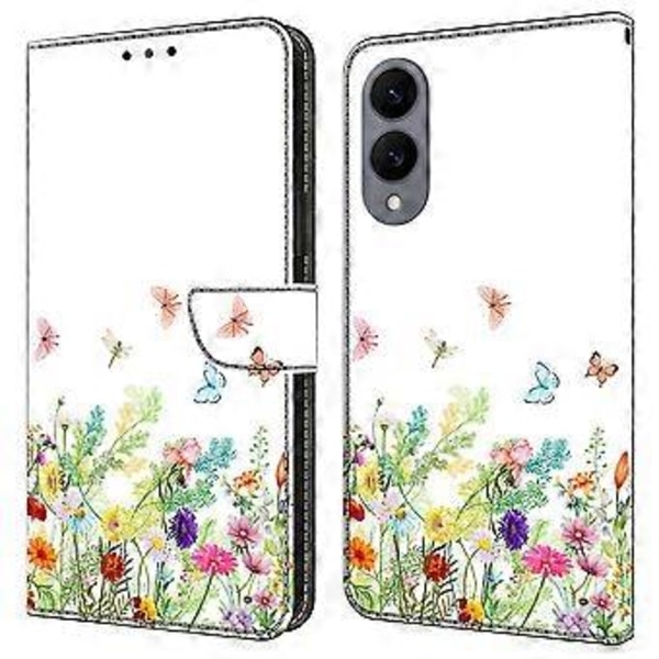 Læderetui med mønstertryk, pung, stativ og flip-cover til Samsung Galaxy S25 Edge Flowers and Grass