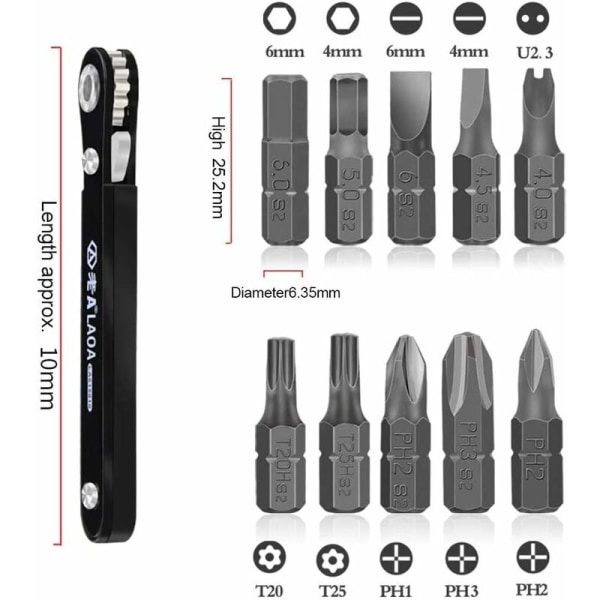 Reversibel skralle skrutrekkersett for begrensede områder, offset skrutrekkere, Quarters Closer 1/4 Micro EDC-verktøy med 10 bits