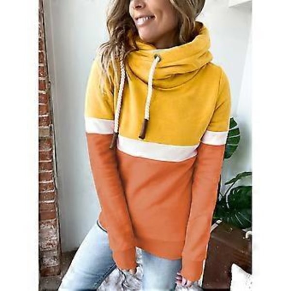 Dame Hættetrøjer Ren Farveblok Turtleneck Hættetrøje Dame Casual Hættetrøje til Efterår Vinter Gul og Orange XL