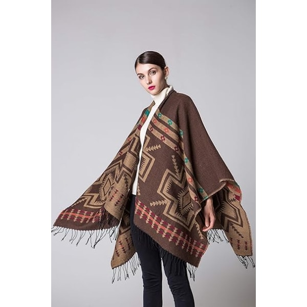 Kahvi Cashmere Poncho Wrap kukkakuvioilla ja hapsureunoilla