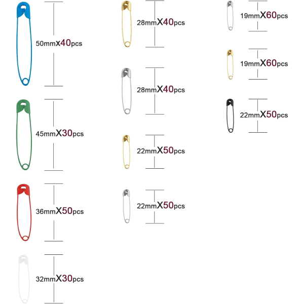 500 stykker 7 størrelser store og små sikkerhedsnåle assorteret 19mm 22m