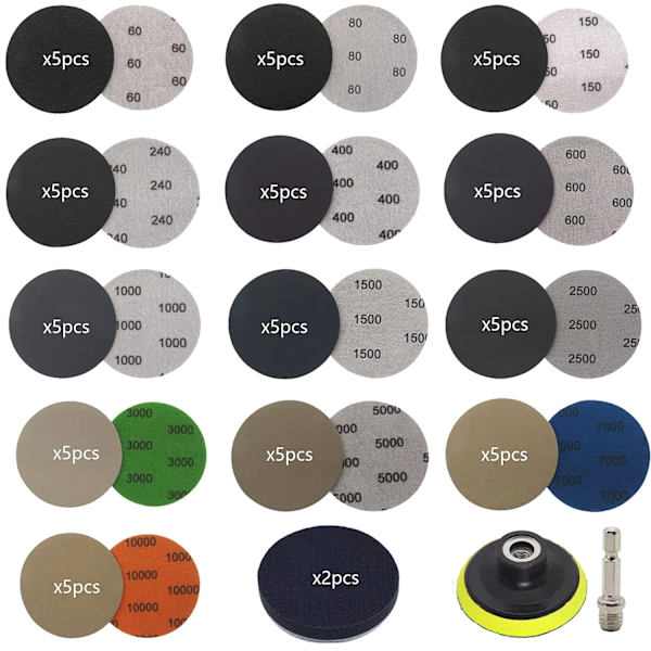 69 stk 3 tommers sandpapir korn 60-10000 slipesett, 7,5 * 7,5 cm