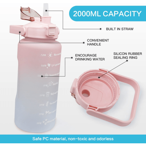 (Pink). - 2 litran vesipullo, BPA-vapaa, motivoivalla aikamerkinnällä