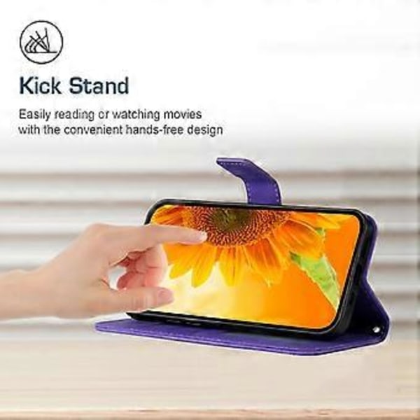 Oppo A58 4G lompakkokotelo, auringonkukkakuvio, jalustallinen nahkakotelo ja ranneke Style J