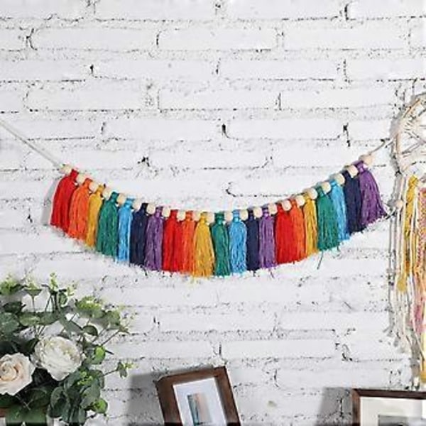 82 tommer Regnbue Kvaster Guirlande til Klasseværelsesindretning Boho Kvaster Guirlande Vægophæng Farverig Kvast Banner med Træperler til Fest N