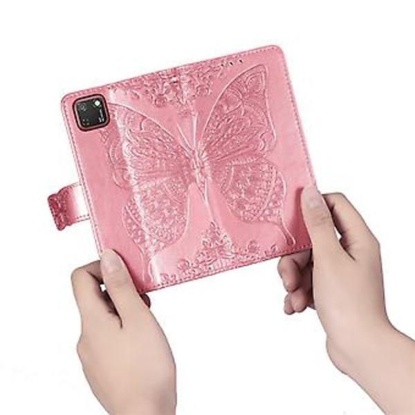För Huawei Y5P 2020 Fjäril Kärlek Blomma Präglat Horisontellt Flip Läderfodral med Ställ / Kortplats / Plånbok / Snodd Pink