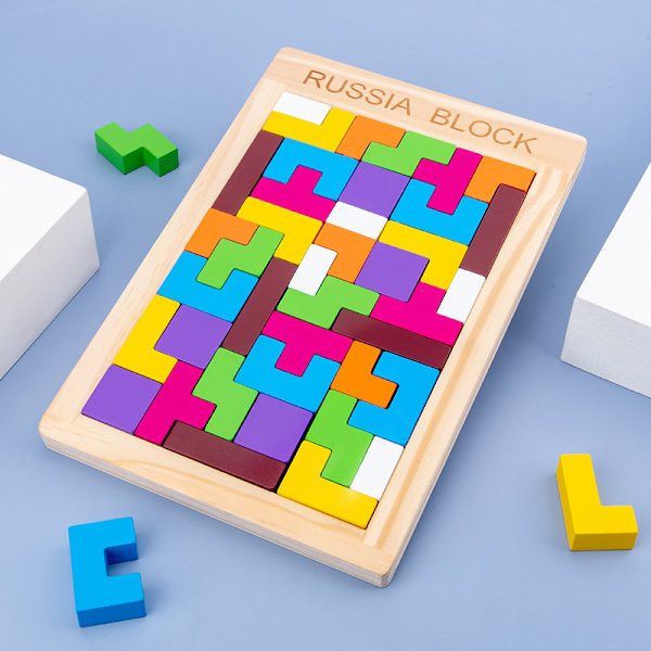 Träpussel med Block för Hjärngympa, Tangram, Jigsaw, Intelligensspel