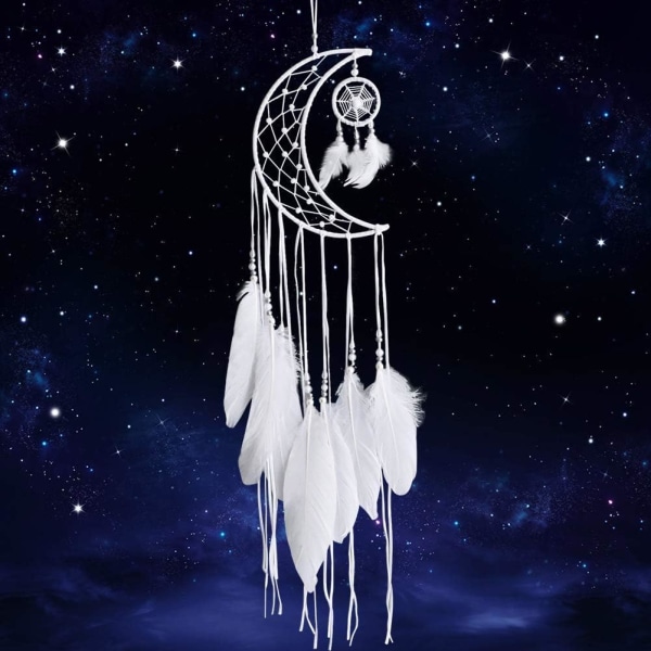 White Dream Catcher Handmade Moon Design with Feathers Dreamcatc