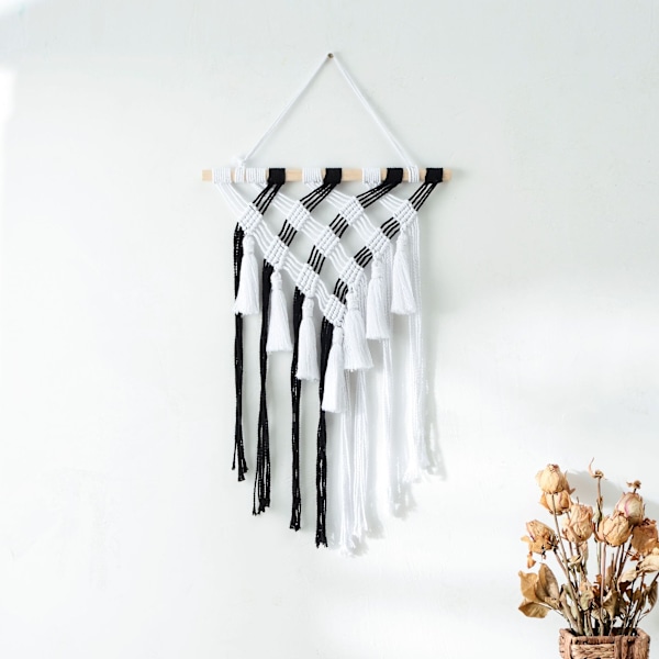 Macrame vægophæng sort og hvid, vægophæng dekoration, vævet væg