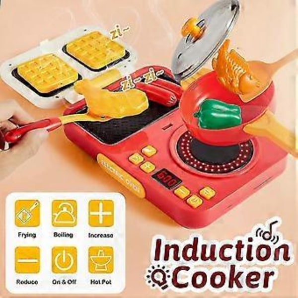 Induktionshäll Leksak med Dubbla Funktioner, Ljus och Ljud, Köksleksaksmat, Köksredskap, Kastruller och Pannor för Barn
