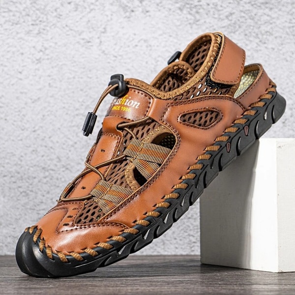 Sommarsandaler för män, Mode Lädersandaler, Handsydda Utomhus Strand Sandaler i Nötskinn, 41, Brun Brown 41