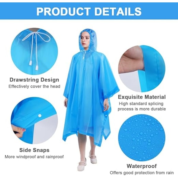 2 Vattentäta Ponchos för Vuxna, Återanvändbar Poncho, EVA Regnponcho, Lätt Vattentät Regnjacka med Huva, Camping, Vandring, Blå