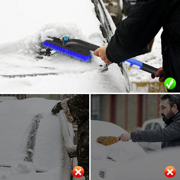 Blå fyra-i-ett snöskrapa med expanderbar vindruta snöborste