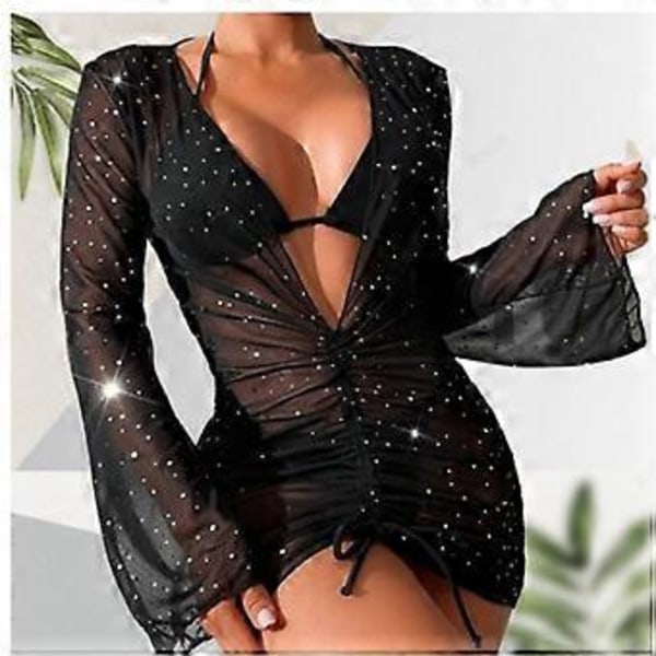 3 STK. Dame Bikinis Badedragt Sæt med Langærmet Strandslag, Halterneck Bikini Top og Underdel Sort M M