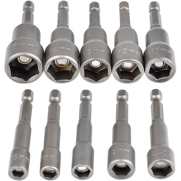 10 stk. Magnetiske Hex Sokkel Sæt 6-15mm Slagdriver, Magnetisk Hex