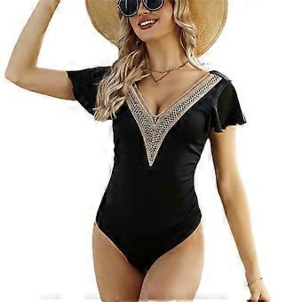 Dame Mavekontrol Badedragter Slankende Flæse Badedragt Ét Stykke Blonde Badetøj Rynket Badedragt Sort L L