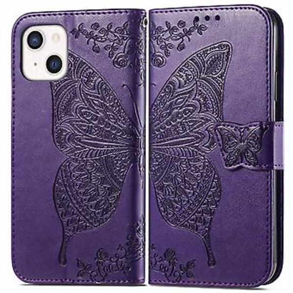 Butterfly Love Flower Læder Etui Til iPhone 13 mini Dark Purple