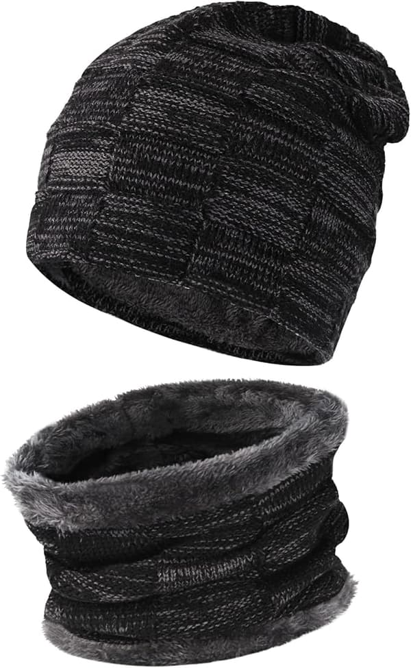 Vinterhue og halstørklæde sæt til mænd, varme strikhuer - sort skull cap