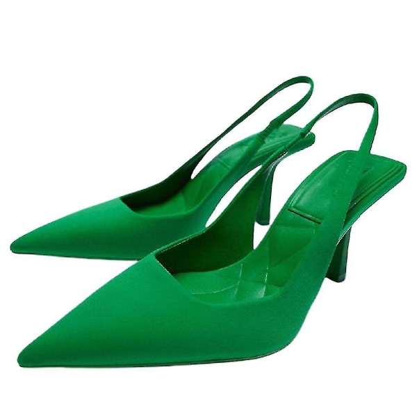Dam med spetsad tå, klackskor, sandaler Fest ankelrem Slingback stilett med höga klackar Slip On Mules Skor.39.Grön