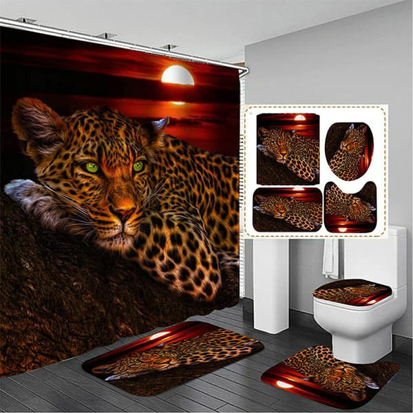4-pack Duschdraperisets med Måne-Leopard-Gepard, 70,8x70,8 tum, Ba